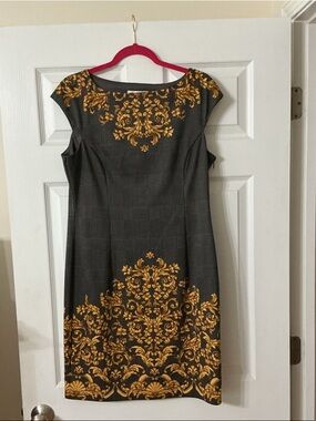 London Times Black and Gray Plaid Dress with Gold Baroque Accents